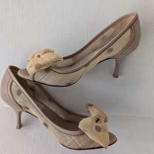 Valentino Polka Dot Raffia Bow Beige and Tan Heels Peep Toe 35.5